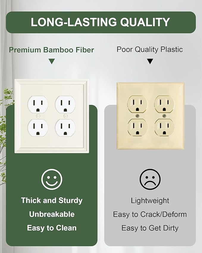 2-Pack Double Duplex Outlet Cover, Natural Bamboo Fiber Switch Plates and Outlet Covers, Light Almond Decorative Wall Plates for Electrical Outlets, 2 Gang Receptacle Cover