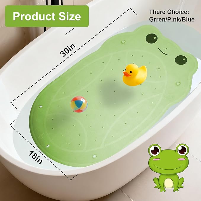 Bathtub Mat Non Slip for Baby Toddlers 30"x 18",Cute Bath Shower Mat with Frog Pattern for Tub,Washable Anti Slip Kids Bath Mat Shower Mats for Bathroom Kitchen Restroom,Green