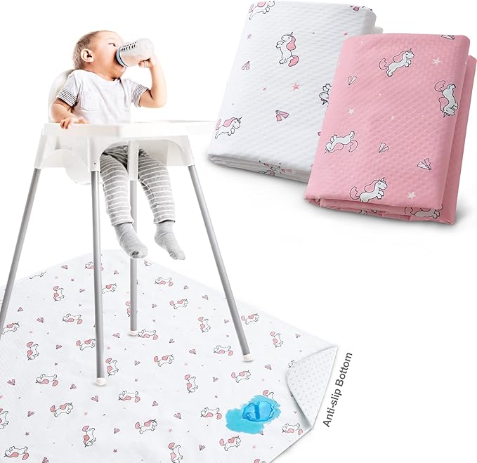 Splat Mat for Under High Chair, 2 Pack High Chair Mat for Floor, Waterproof Mat Washable for Arts and Crafts, Anti-Slip Playtime Mats for Kids, Floors or Tables, Reusable Fabric 42” ×46”