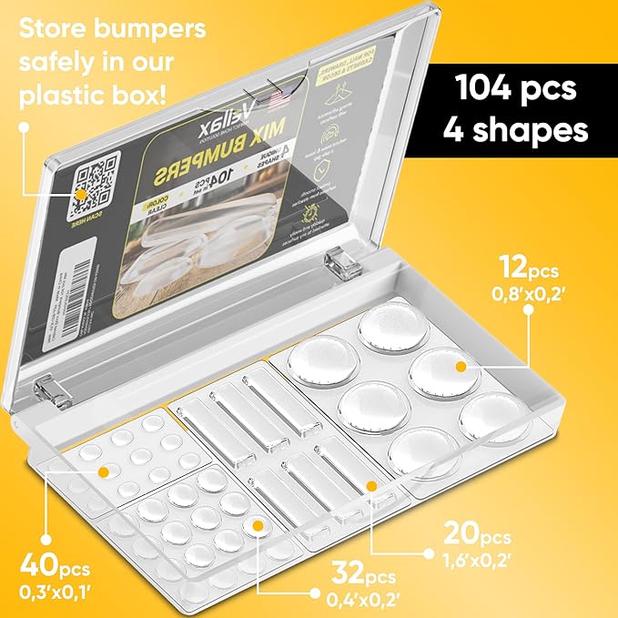 104 Clear Cabinet Bumper Pads – Self-Adhesive Silicone Buffer Set with 4 Shapes for Doors, Drawers & Furniture – Sound Dampening & Surface Protection