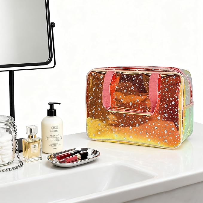 Holographic Brown Clear Star Large Cosmetic Bag and TPU Travel Pouch with Handle,Durable Material,Zipper Design-Ideal for Makeup,Travel Essentials (Brown)