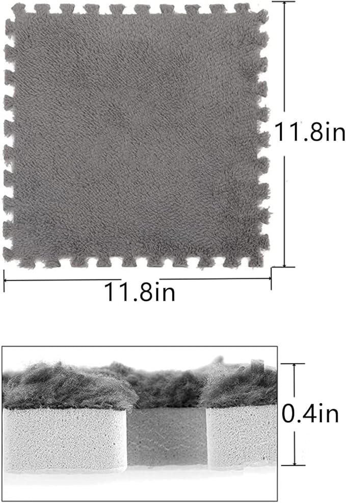 12pcs Plush Puzzle Foam Floor Mat, Soft Fluffy Interlocking Square Foam Tiles Area Rugs Carpet for Parlor Bedroom Decoration(11.8x11.8x0.4in, Grey&White)