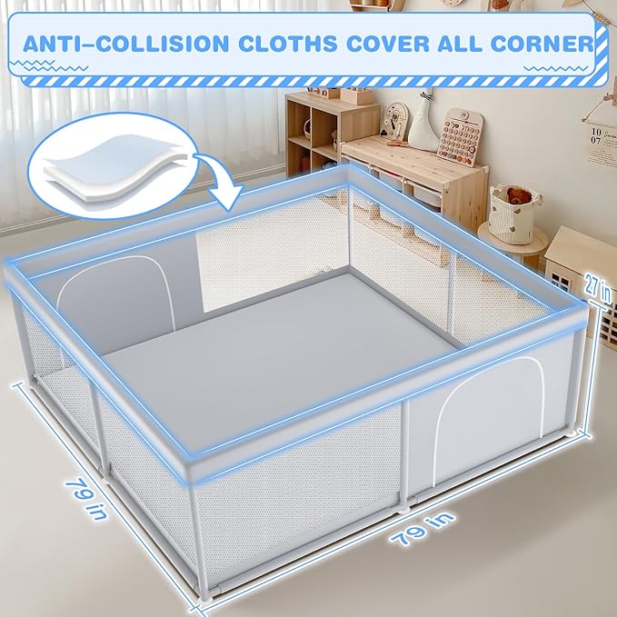 Baby Playpen, 79 x 79 Inch Play Pen, Playpen for Babies and Toddlers, Baby Playard for Indoor & Outdoor Active Center Game Fence, with Skin-Friendly Fabric and Soft Breathable Mesh Grey