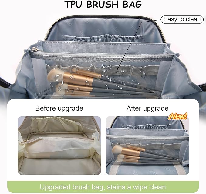 BOYATU Travel Makeup Bag Organizer Cosmetic Bag: 3 Pcs Set Make up Bags for Women with Handle - Waterproof Vegan Leather Toiletry Bags Travel Essentials Pouch with Compartments (01-D-Green)