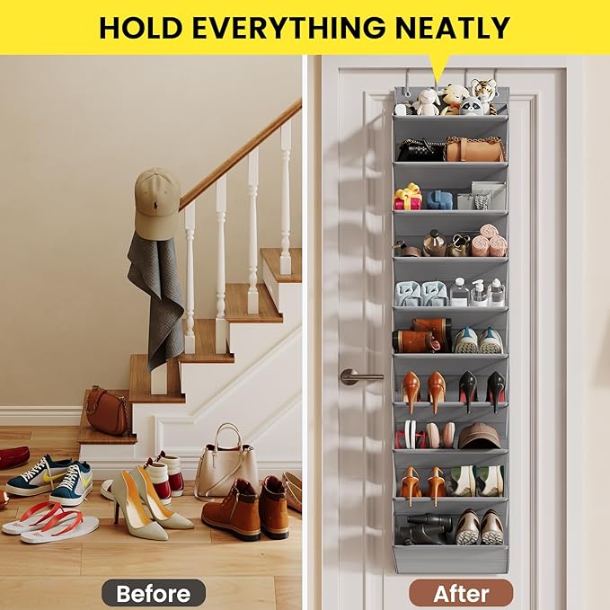 Mefirt 10 Tier Clear Over the Door Shoe Organizer with Deep Pockets, Door Shoes Rack with Hard Tube to Keep the Shape, Hanging Shoe Rack for Closet Organizers & Storage, Behind Door Shoe Holder Grey
