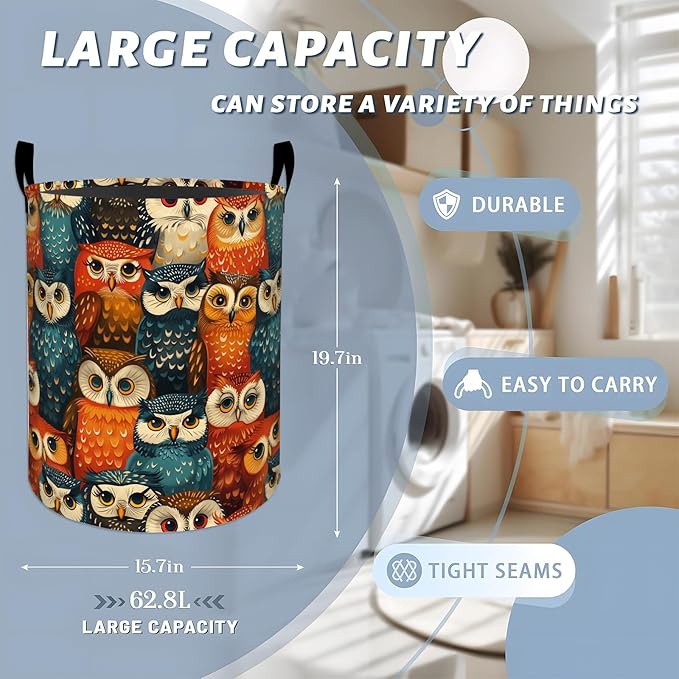 Colorful Owls with Big Eyes Laundry Basket with Handles, 19.7"x15.7" Clothes Foldable Laundry Hamper Organizer for Dorm Nursery Bedroom Bathroom Decor, Toy Storage Bin for Kids