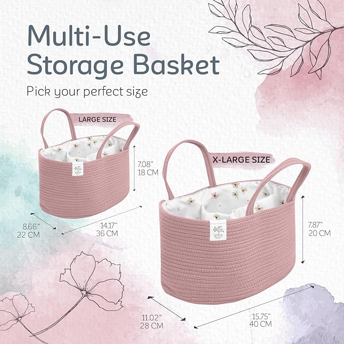 KiddyCare Diaper Caddy Organizer for Baby Nursery Basket with Handle Lid Nursing Caddy with Changing Table Organizer Cart Newborn Caddy Rosy (Floral Print) X-Large