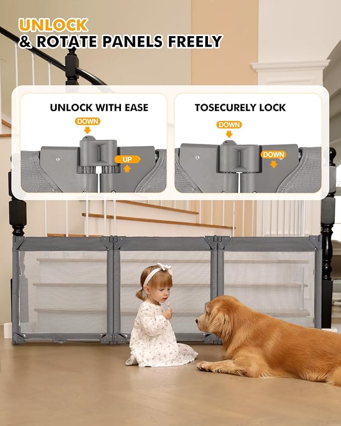 Dearlomum Extra Wide Baby Gate Playpen with Heat-Resistant Mesh,3 Panel Foldable Baby Fence,Indoor/Outdoor Safety Barrier,Dog Playpen &Fireplace Gate,Grey