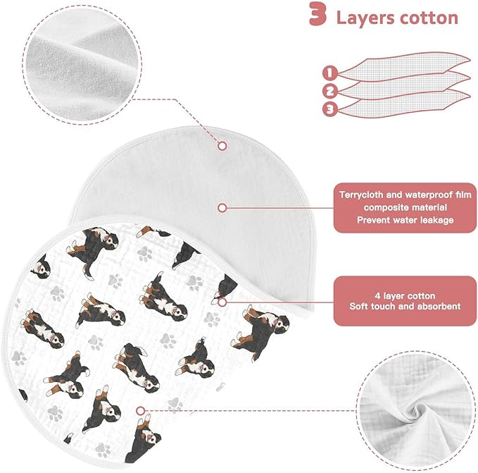 Qinllo 4 Pack Muslin Burp Cloths Bernedoodle Dogs White Cotton Baby Burp Cloths Ultra Absorbent and Soft Burping Cloth for Newborn Must Haves 22x11 Inch