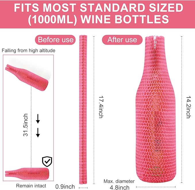 Wine Bags for Travel Honeycomb Paper, 36 Set Reusable Glass Liquor Bottle Sleeves, Proof Hardened Safety and Impact Resist for Shipping Packing Transport Pink