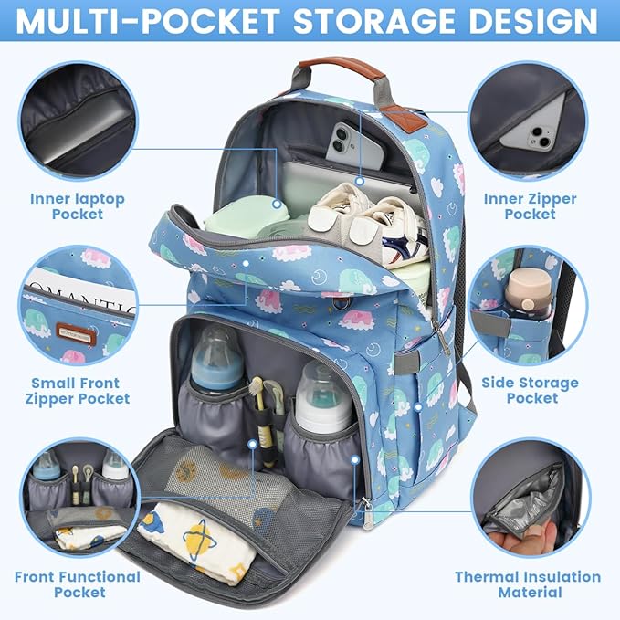 BILLITON MASHI Diaper Bag Backpack, Large Baby Nappy Bags with Portable Changing Pad for Boys and GirlsMultifunction Travel Baby Bag for Moms Dads, Shower Gifts Waterproof and Stylish