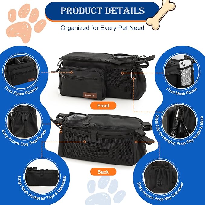 Dog Stroller Organizer Bag, Dog Mom Gifts for Women Pet Stroller Caddy, Stroller Accessories with Cup Holder, Poop Bag Dispenser, Pockets for Dog Essentials, Fits 14–19" Handles, Christmas Gift Ideas