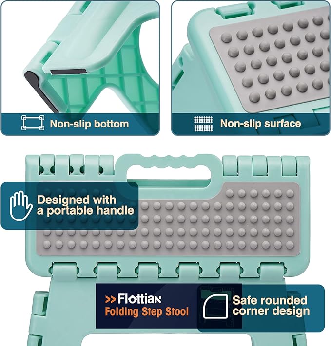 Flottian 11" Folding Step Stool for Adults and Kids Holds Up to 300 lbs,Non-Slip Folding Stools with Portable Handle, Compact Plastic Foldable Step Stool for Bathroom,Bedroom, Kitchen Teal