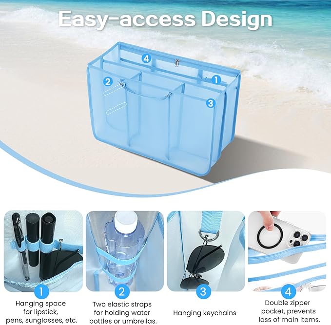 XYFuuee Beach Bag Organizer Inserts for Baby Medium Bogg Bag Accessories with 8 Removable Metal Fasteners, Lightweight Mesh Insert Divider Pouch, Organizing Rubber Tote, Save Storage Space, Blue M