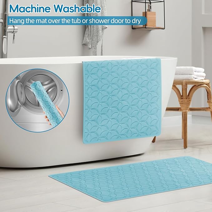 Bathtub Mat Non Slip with Suction Cups - 100% Rubber Bathroom Mat Textured for Bath Tub Shower Safety - Soft on Touch - BPA/PVC Free - Pet Dog Bath Mat - Machine Washable - 16 × 28 Inch（Blue）