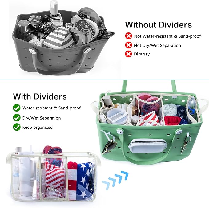 AMOIGEE Clear Beach Bag Organizer Insert with 3pcs Accessories for XL Bogg Bag Inserts - Tote Bag Divider with Sunglasses Holder, Phone Holder and Clips Hooks - Beach Tote Insert Organizer Liner