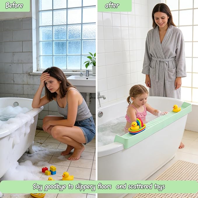 Splash Guard for Bathtub Kids - Silicone Bathtub Splash Guard with 11 Suction Cups, Bath Tub Play Shelf for Kids & Toy Holder, Prevent Water Spill in Bathroom, Fun Bath Time for Toddlers Baby(Green)