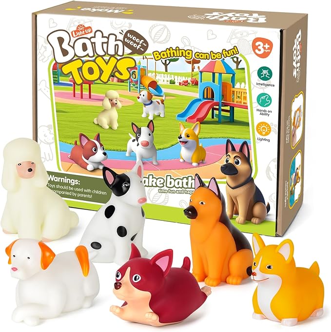 VIBOYLAR Bath Toys for Toddlers 1-3: 6 PCS Light-Up Dog Bath Toy Set, Baby Bath Toys, Bathtub Pool Bath Toy for Kids, Christmas Birthday Gifts for Boys & Girls Ages 1 2 3+ Years Old