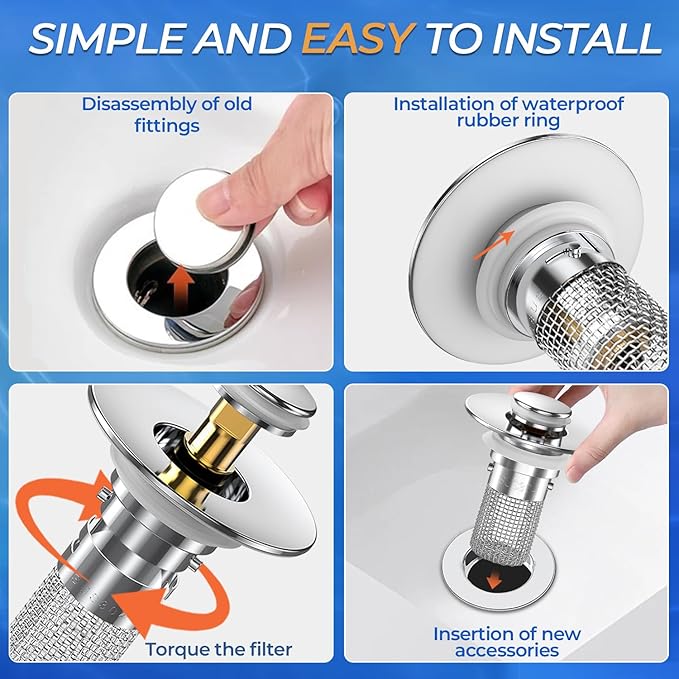 Sink Stopper Hair Catcher,(4PCS) Pop-up Sink Drain Strainer with Removable Stainless Steel Strainer Basket Hair Catcher, Bathroom Sink Strainer for Bathroom Sink Stopper Replacement