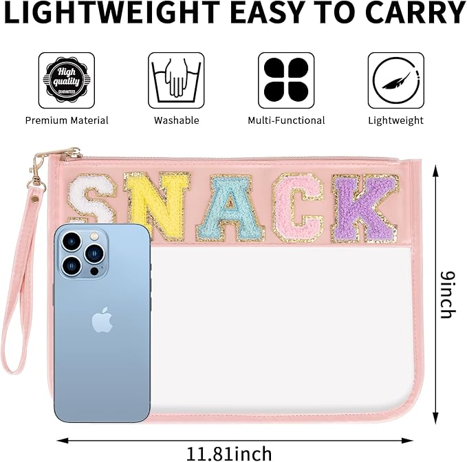 Iqimott Snack Bag Monogram Clear Letter Flat Pouch, Chenille Glitter Letter Patch Makeup Cosmetic Bag Zipper Toiletry Pouch, Portable Travel Beach Wristlet Bags for Women Girls(Snack, Pink)