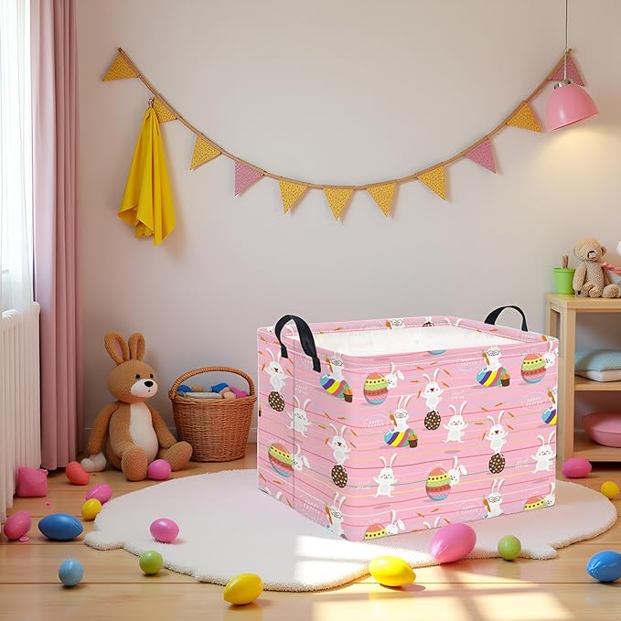 TIBAOLOVER Rectangular Easter Basket Easter Basket for Kids Baby Storage Basket Cute Toy Storage Bin Organizer Shelf Book Basket Easter Room Decor(Line Easter Egg)