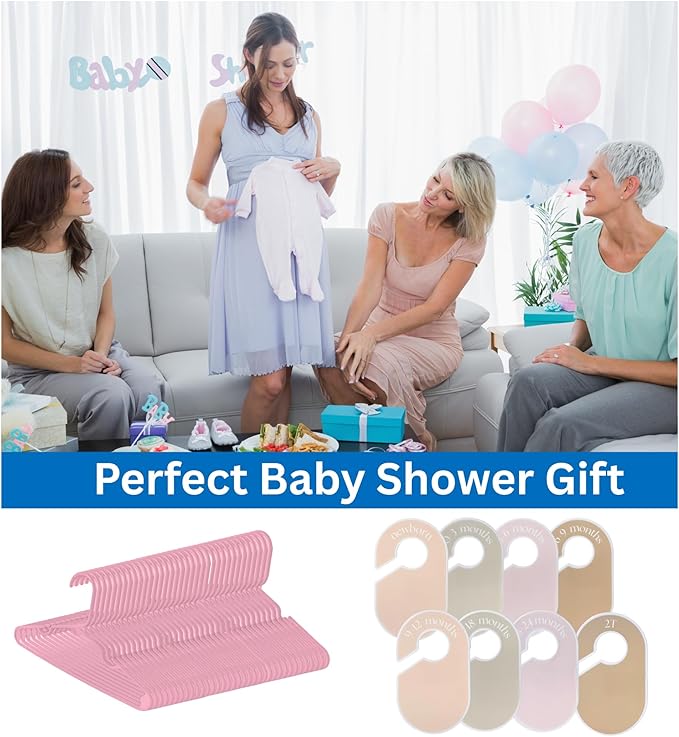 50 Pack Baby Hangers – Includes 8 Closet Dividers – Non-Slip Durable Hangers for Infant Clothes & Nursery Organization (Pink, 50)
