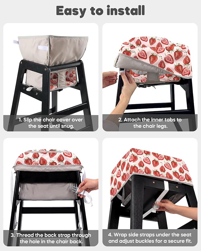 Mamatepe Baby High Chair Cover with Strap Pads & 2-Point Harness - Machine Washable, Waterproof, Portable for Restaurant/Travel/Home - Fits Wooden High Chairs, Red Strawberry