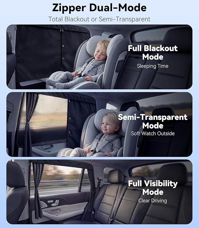 Nmoiss [2026 Upgraded] Car Window Shades for Baby [Blocks 100% UV & Harsh Sunlight] (2 Pack) Double Layer Side Window Curtains Roll Windows Down Privacy Full Covers/Half Shade Options Medium