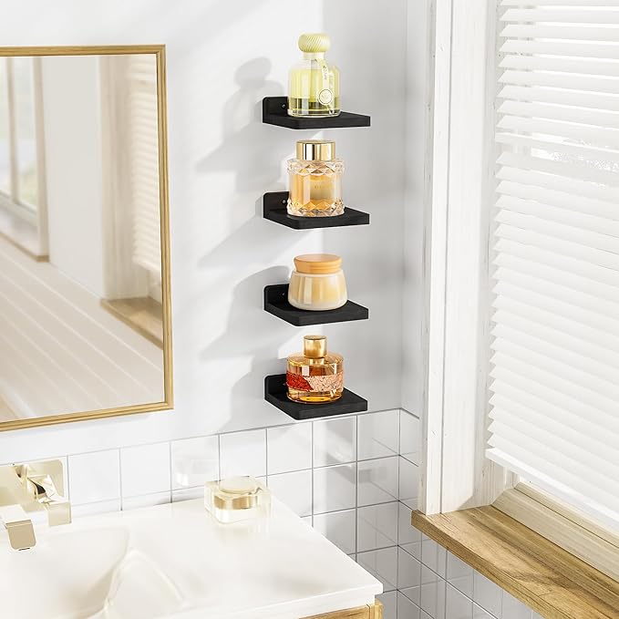 SRIWATANA Small Floating Shelves Wall Mounted, Wood Shelf for Decoration and Storage Set of 4, Mini Display Shelf for Bedroom, Bathroom, Kitchen, Office (Black, 5 inch) (Pack of 2)