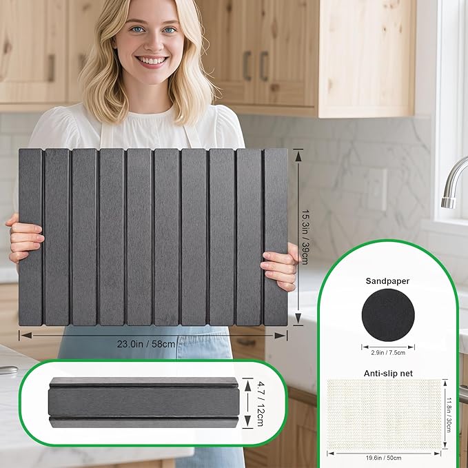 Stone Drying Mat for Kitchen Counter Large, Foldable Quick Dry Diatomaceous Earth Mat for Dishes Bottles Cups, Absorbent Collapsible Stone Dish Drying Mat for Countertop Bathroom 23" x 15.3"