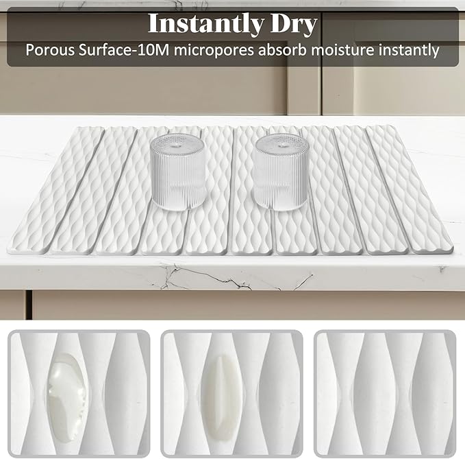 Large Stone Dish Drying Mats for Kitchen Counter, 24"(L)×16"(W) Wave - Pattern, Fast Drying Collapsible Dish Drying Mat, Eco-Friendly Absorbent Diatomaceous Earth Mats for Match Any Countertop