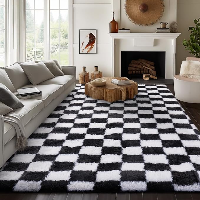 Ophanie Area Rugs for Bedroom Living Room,Color Checkered Black & White,Size 8' x 10',Shape Rectangular