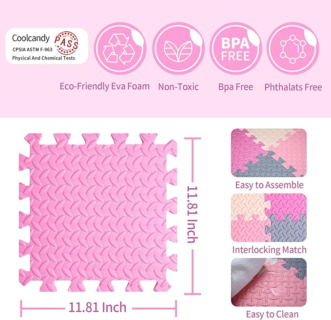 Coolcandy Baby Foam Play Mat 16Pcs with Edge Strips, 4 Colors Interlocking Floor Tiles, 0.4″ Thickened Non-Slip Puzzle Floor Mat for Infants Toddlers Playroom & Daycare