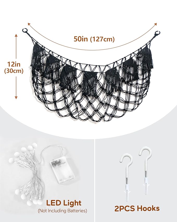 Boho Macrame Stuffed Animal Hammock with LED Lights, Wall Corner Hanging Plushie Net, Large Toy Organizer for Kids Bedroom Nursery Playroom & Dorm (Black XL)