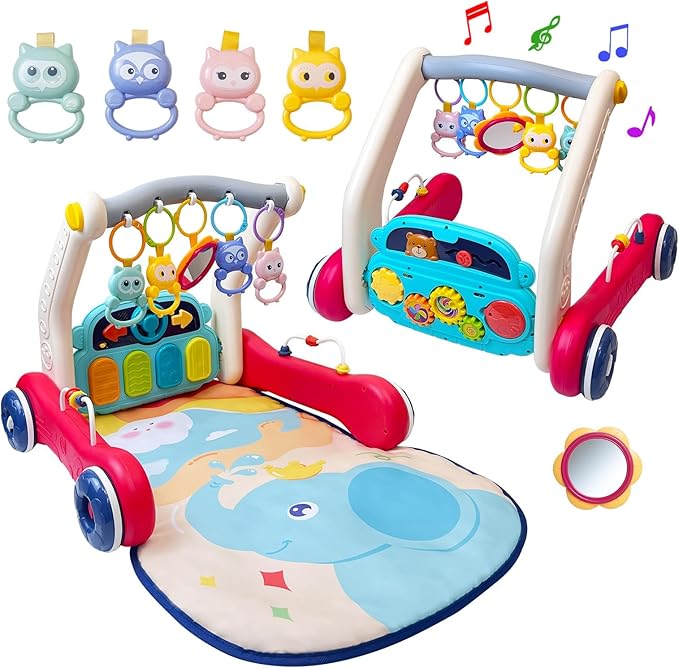 Baby Gym Play Mat & Baby Walker, Baby Activity Center with Music and Light, Tummy Time Mat, Push Toys for Toddler, Detachable Play Piano and Rattles for Newborn Babies Infants Boys Girls