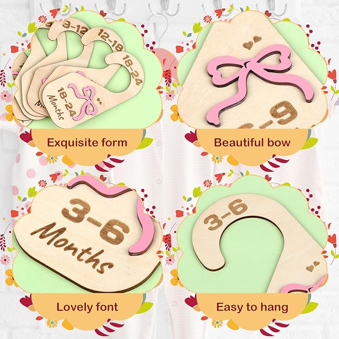 Bnesi Wooden Closet Dividers Wooden Bow Dividers for Closet Set of 7 Newborn Clothes Size Hanger Dividers from Newborn to 24 Months Pink Nursery Decor (Relaxing)
