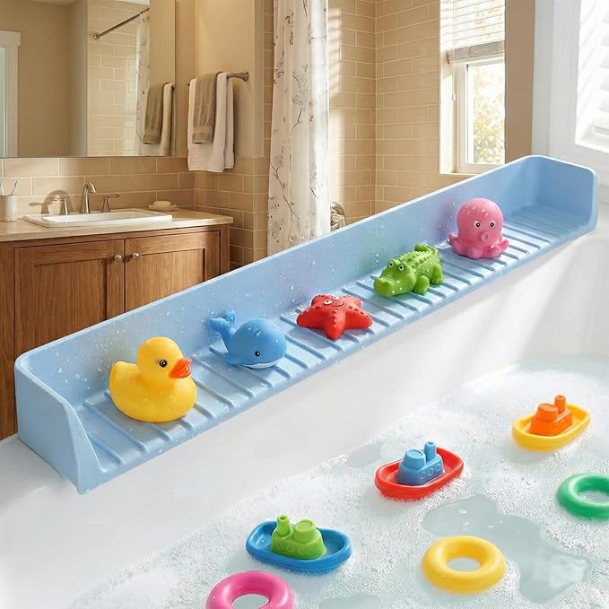 Bathtub Splash Guard for Kids - 31 Inch Silicone Tub Side Shelf with Strong Suction Cups, Toy Tray Holder to Prevent Water Spills, Keep Bathroom Dry (Light Blue)