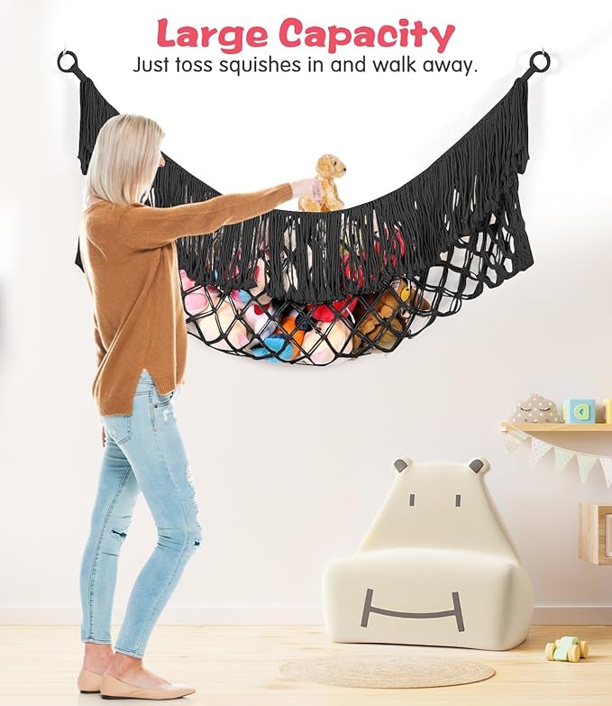 Stuffed Animal Hammock - Extra Large 63'' Long, Stuffed Animal Storage, stuffed animal Holder net, Hammock Large, Storage Hanging Organizer - Black