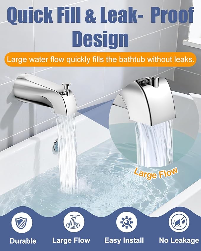 Universal Bathtub Tub Spout with Diverter, Fits 1/2" Slip-Fit Copper Pipe and 1/2" IPS & 3/4" IPS Thread Connections, Bathroom Tub Faucet Replacement with Adapters, PTFE Tape and Hex Wrench (Chrome)