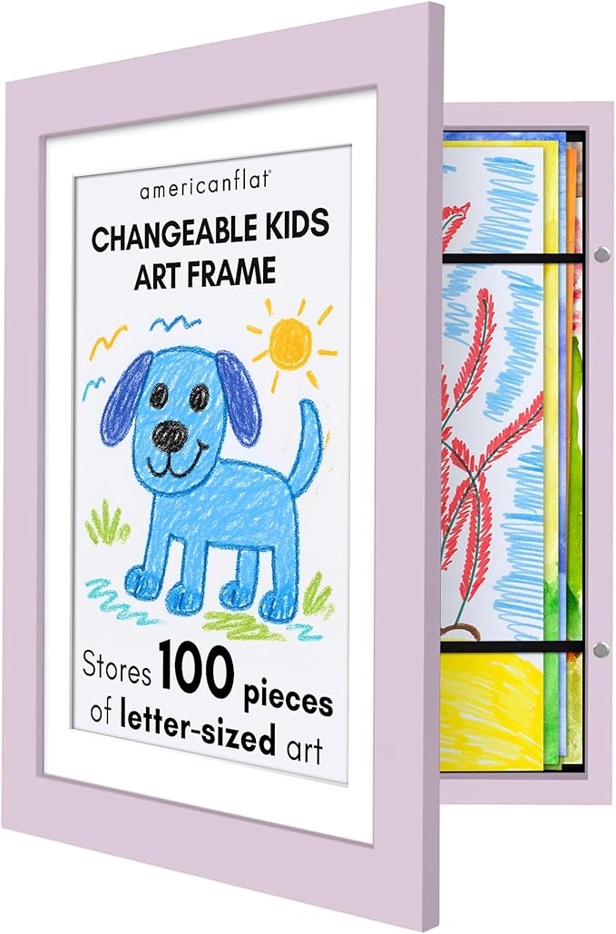 Americanflat Kids Artwork Frame Changeable (Lilac) - Magnetic Door Holds 100 Art Pieces - 8.5x11 Letter Size Display with Mat or 10x12.5 Without Mat - My Mini Masterpiece