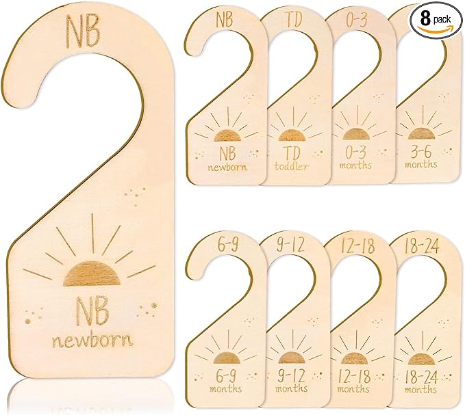 Whaline 8Pcs Baby Closet Size Dividers Wooden Baby Wardrobe Hanger Organizer Boho Sun Design Hanging Wooden Newborn to 24 Months for Home Nursery Baby Clothes Decor