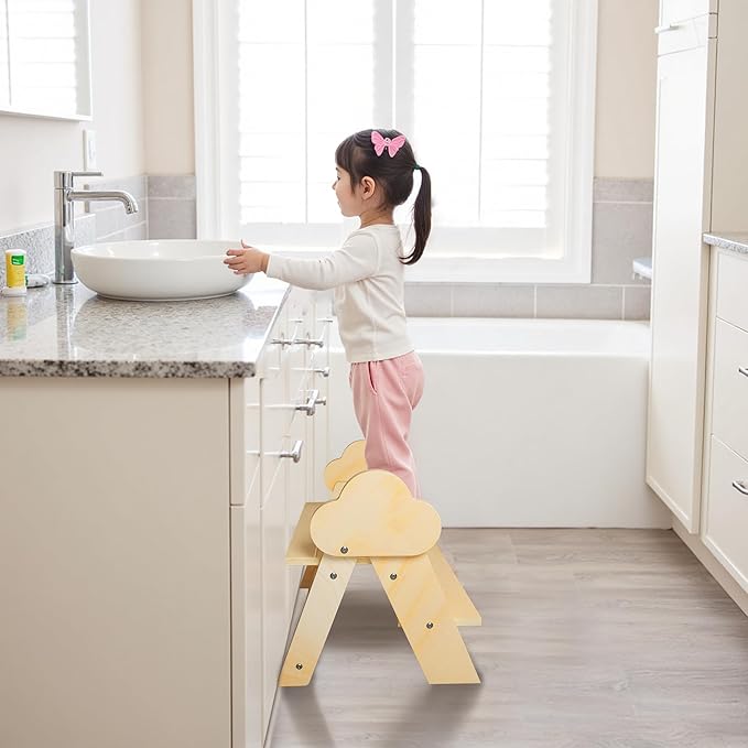 TinyHaven Wooden Toddler Step Stool, 2-Step Foldable Stool for Kids with Non-Slip Surface, Baby Bathroom Stool for Potty Training, Bathroom Sink, Kitchen Counter with Cute Cloud Design, Natural
