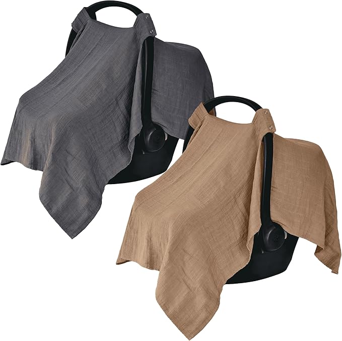 Car Seat Cover Baby - Organic Muslin Cotton - Carseat Canopy - 43" x 32" 2-Pack (Soft Grey/Natural)