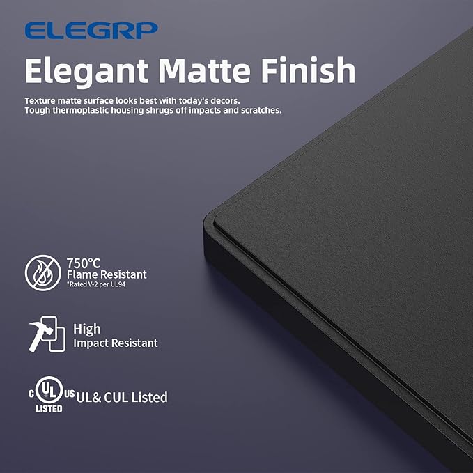 ELEGRP 2-Gang Screwless Decorative Wall Plates, Mid-Size 4.88" height x 4.94" length Unbreakable Thermoplastic Faceplate Cover for Decorator Receptacle Outlet & Switch, UL Listed (2 Pack, Matte Black)