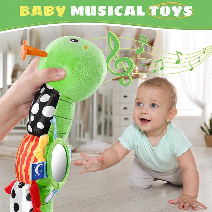 Baby Toys 6-12 Months Music Caterpillar,Stuffed Animals Infant Toys 0-3-6 Months,Teething Sensory Toys Tummy Time with Mirror Crinkle Rattle&Pull String for Boys Girls Gifts Birthday|Green
