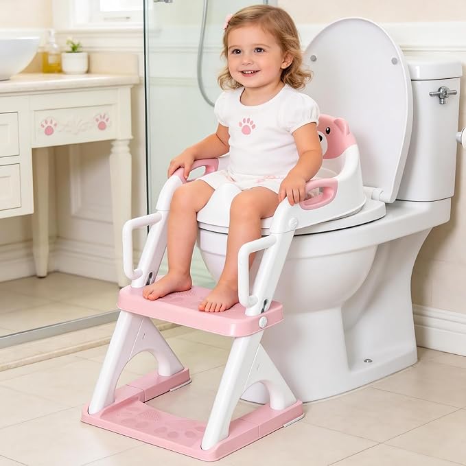 Potty Training Seat, SKYROKU Upgrade Toddler Toilet Seat for Kids Boys Girls,2 in 1 Potty Training Toilet,Splash Guard Anti-Slip Pad Step Stool,New Sector-Shape Stabilized (8899Pro-Pink, Classic)