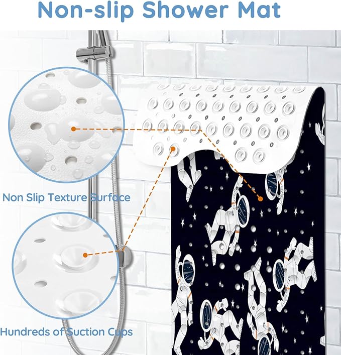 KINUUIS Bathtub Mats for Kids, Black Astronaut Bath Mat for Tub Non Slip, 40 X 16 Inch Large Washable Bathtub Mat Non Slip for Showers with Drain Holes and Suction Cups