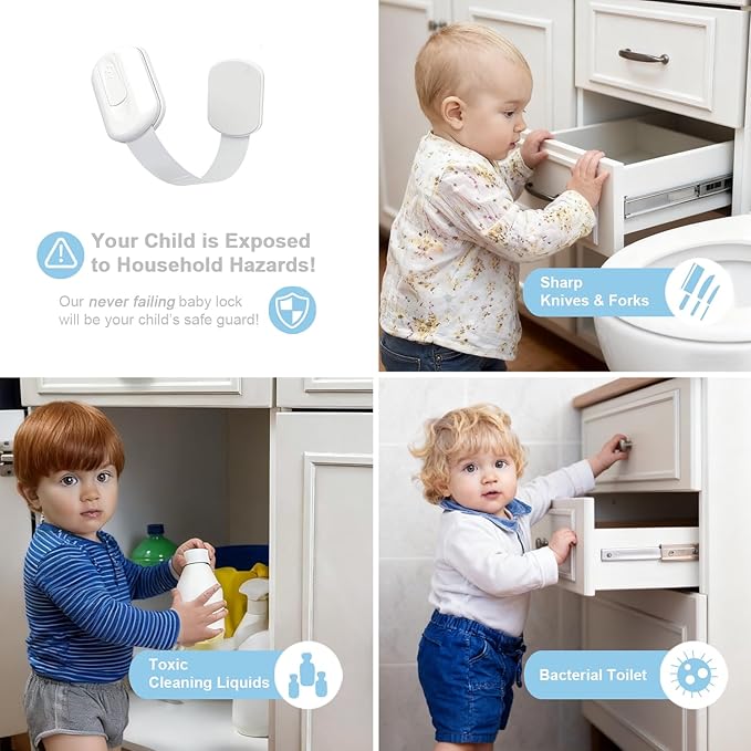 8-Pack Baby Locks Child Safety Cabinet Proofing Safe Quick and Easy Adhesive Cabinet Drawer Door Latches No Screws & Magnets for Drawers, Fridge, Dishwasher, Toilet Seat, Oven,Trash Can, No Drilling