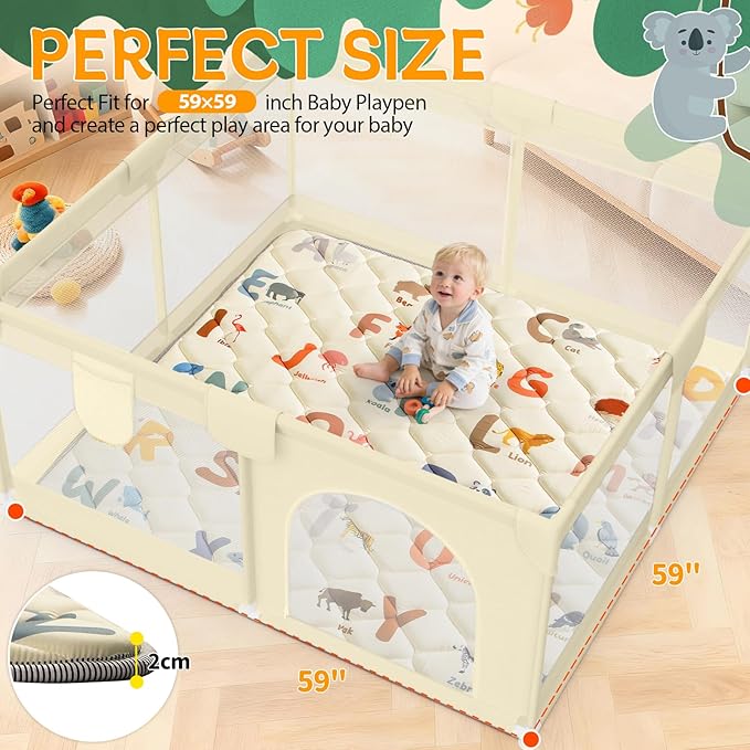 Baby Play Mat - 59x59 Thick Floor Mat for Baby - Crawling Mats for Babies 6-12 Months Non-Slip Washable Play Mat - Kids Foam Playmat Animals Alphabet Design