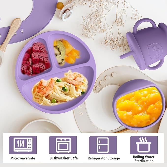 Munlinder Silicone Baby Feeding Set | Baby Led Weaning Supplies Includes Suction Bowls and Divided Plates, Adjustable Bib, Baby Utensils Spoons and Forks,Cup | Baby Feeding Essentials (Purple)